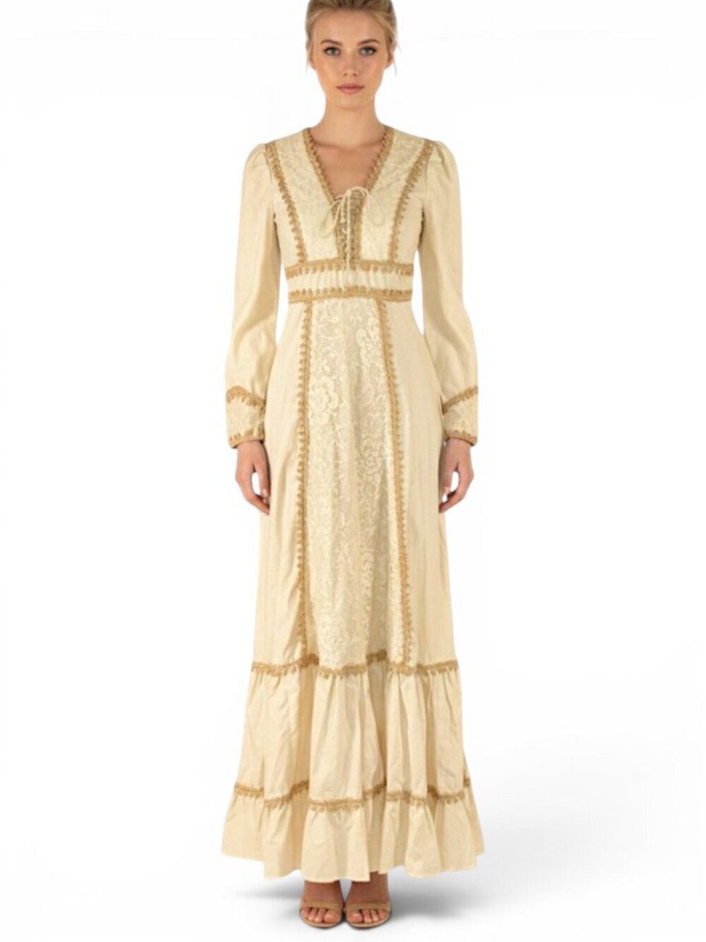 Gunne Sax Jessica Vintage 70s Ivory Natural Poplin Cotton Prairie Maxi Dress 7